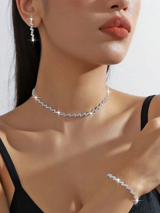 SHEIN مجموعة مجوهرات 4 قطع كريستال فضية براقة