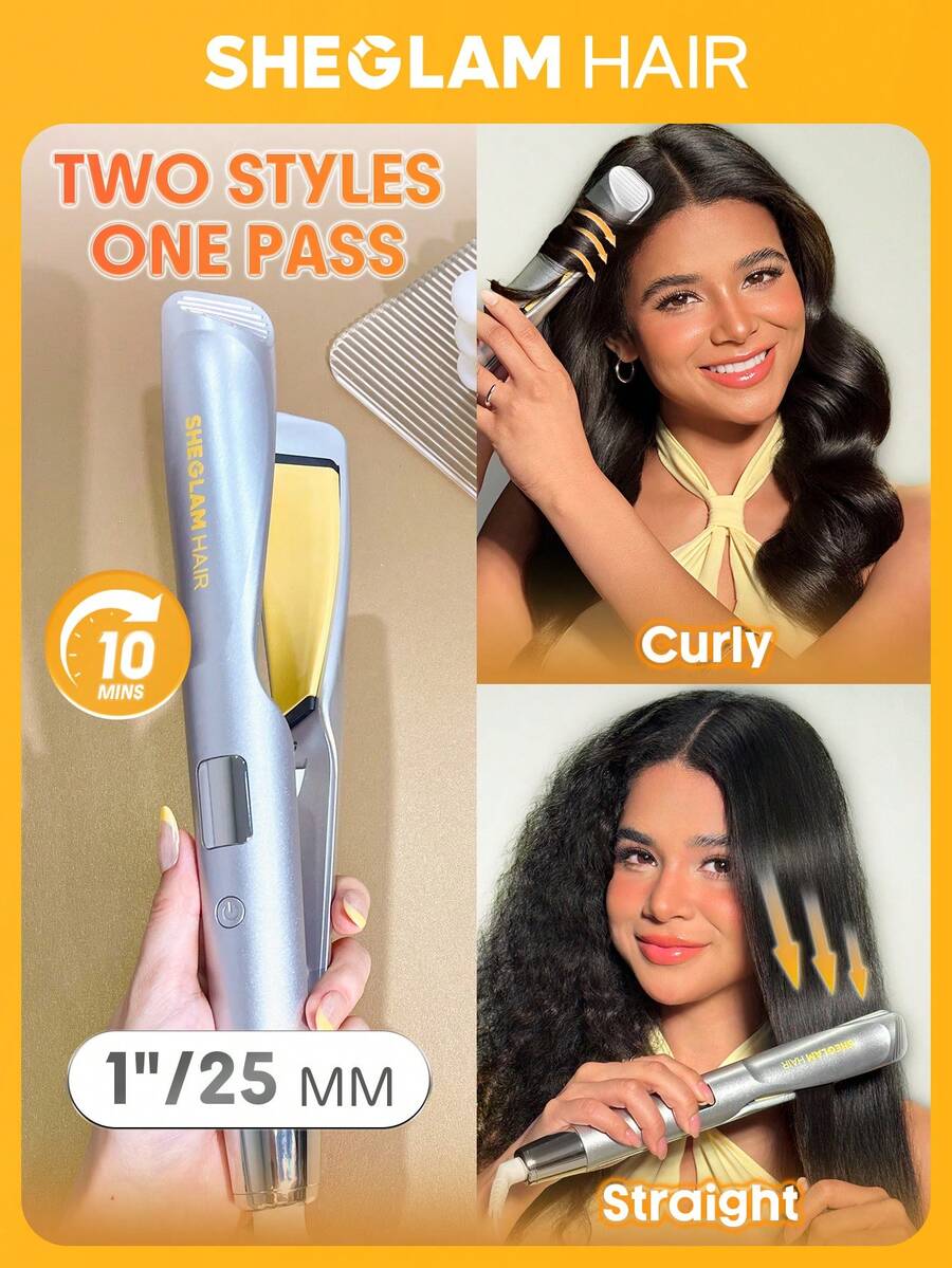 SHEGLAM مكواة شعر بلون أصفر ناعم لفرد و تجعيد الشعر