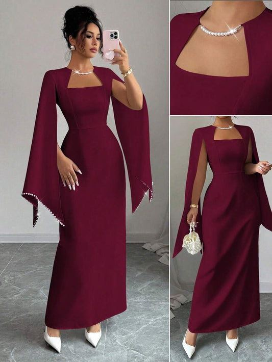 SHEIN Elenzga فستان عنابي بخصر ضيق مزين بسلسلة لؤلؤ