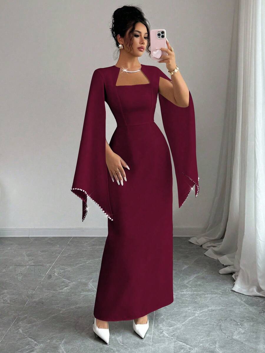SHEIN Elenzga فستان عنابي بخصر ضيق مزين بسلسلة لؤلؤ