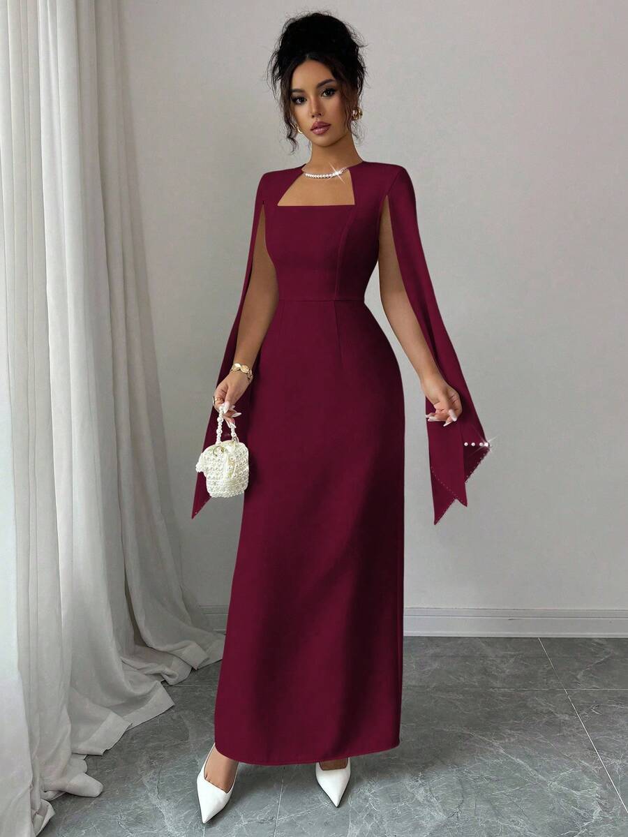 SHEIN Elenzga فستان عنابي بخصر ضيق مزين بسلسلة لؤلؤ