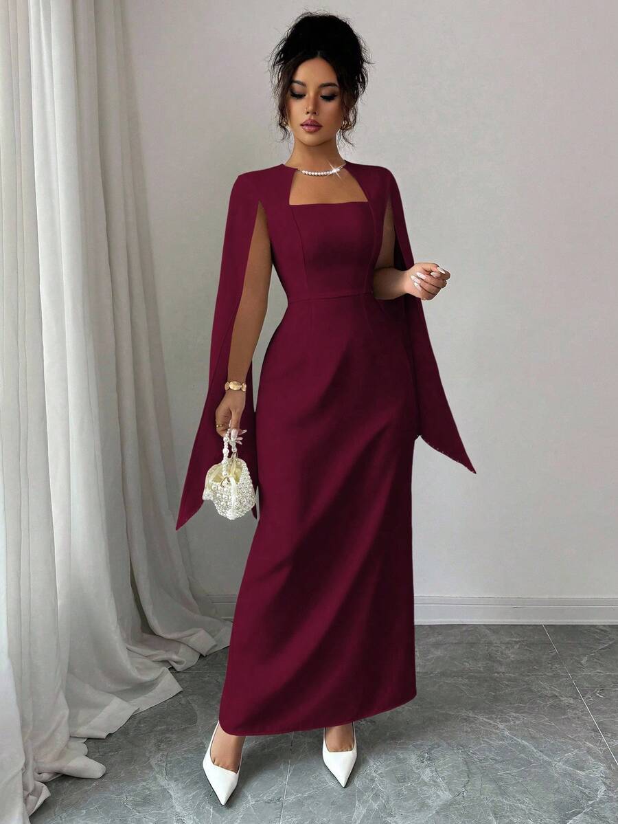 SHEIN Elenzga فستان عنابي بخصر ضيق مزين بسلسلة لؤلؤ