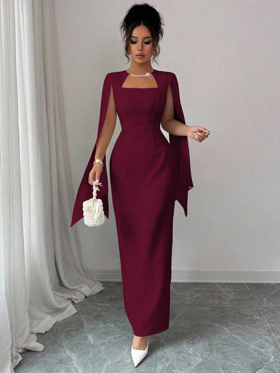 SHEIN Elenzga فستان عنابي بخصر ضيق مزين بسلسلة لؤلؤ
