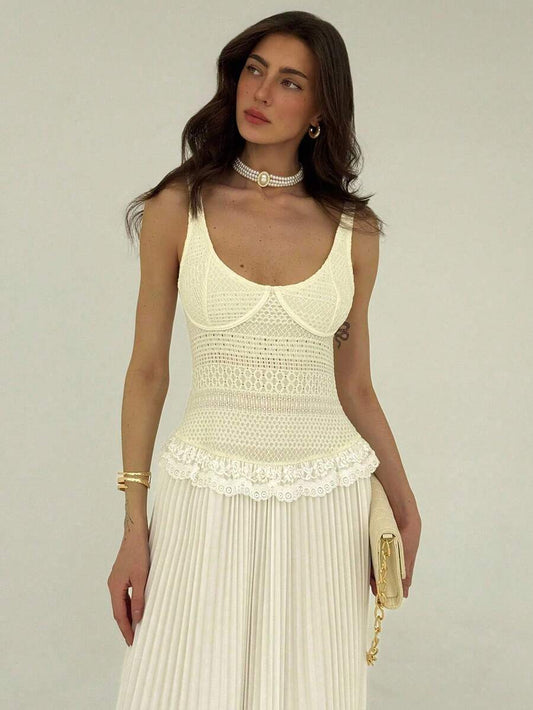 SHEIN Aloruh فستان بيج منسدل بتصميم مبطن بكشكشة وتطريز دانتيل