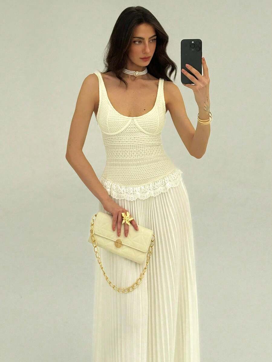 SHEIN Aloruh فستان بيج منسدل بتصميم مبطن بكشكشة وتطريز دانتيل