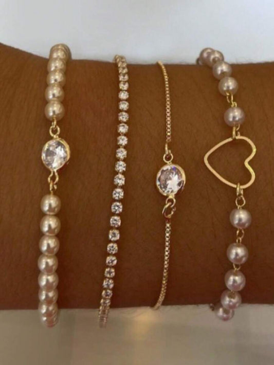 SHEIN مجموعة أساور 4 قطع ذهبية مزينة بالخرز والراين