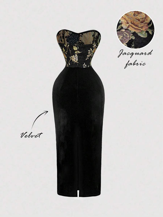 SHEIN MOD فستان أنبوبي أسود مزخرف بالأزهار