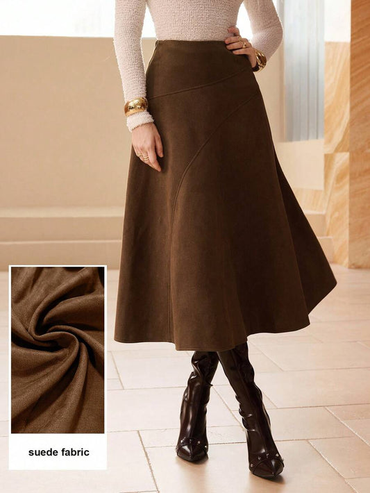 SHEIN Modelyn تنورة بنية طويلة من الجلد المدبوغ المخملي