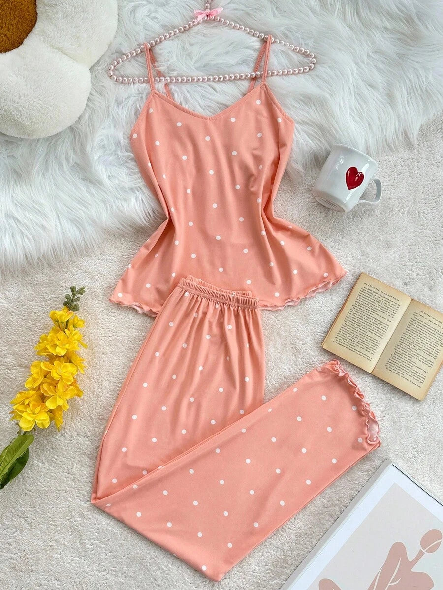 SHEIN طقم بيجامة بطبعة نقاط وحواف كشكش