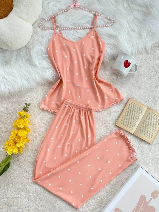 SHEIN طقم بيجامة بطبعة نقاط وحواف كشكش