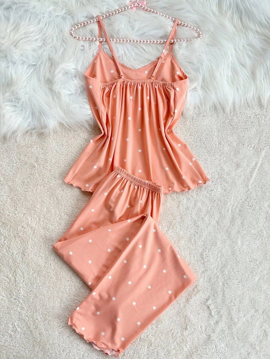 SHEIN طقم بيجامة بطبعة نقاط وحواف كشكش