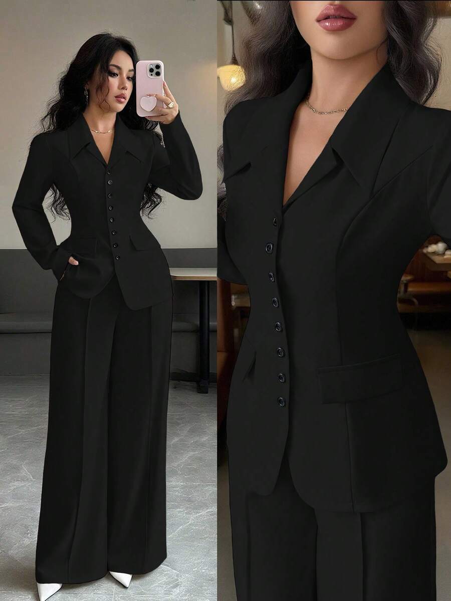 SHEIN Elenzga بدلة نسائية سوداء قطعتين بأزرار وبنطال مستقيم