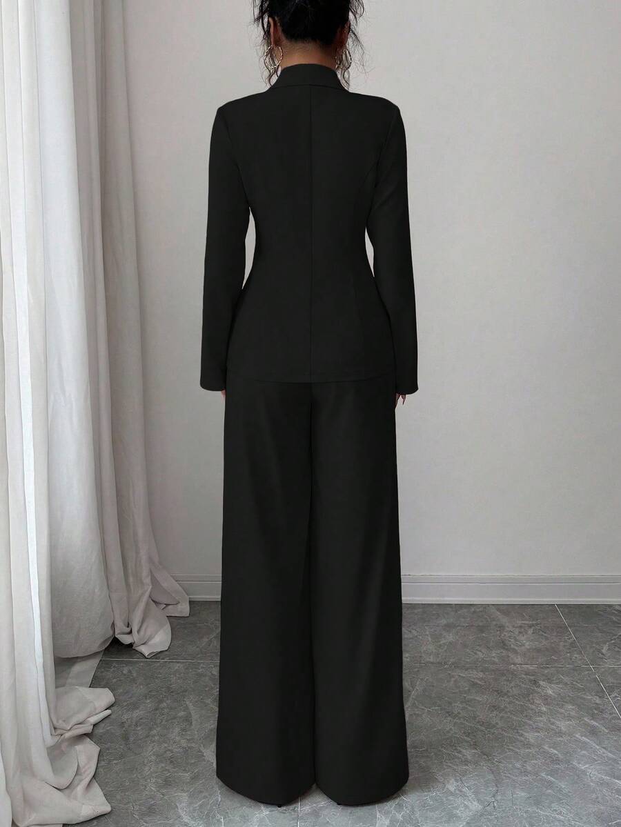SHEIN Elenzga بدلة نسائية سوداء قطعتين بأزرار وبنطال مستقيم