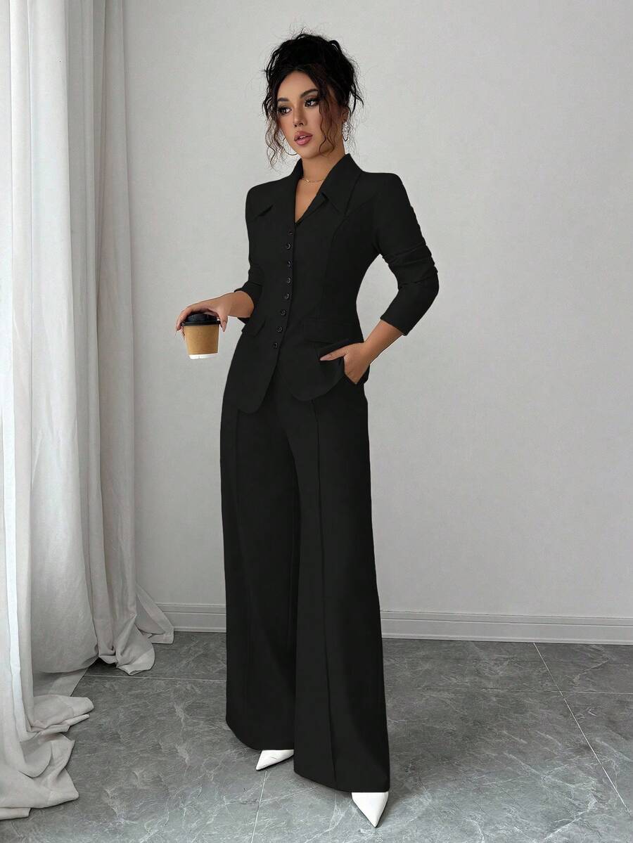 SHEIN Elenzga بدلة نسائية سوداء قطعتين بأزرار وبنطال مستقيم