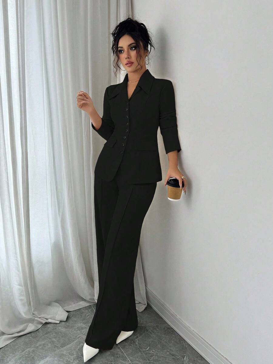 SHEIN Elenzga بدلة نسائية سوداء قطعتين بأزرار وبنطال مستقيم