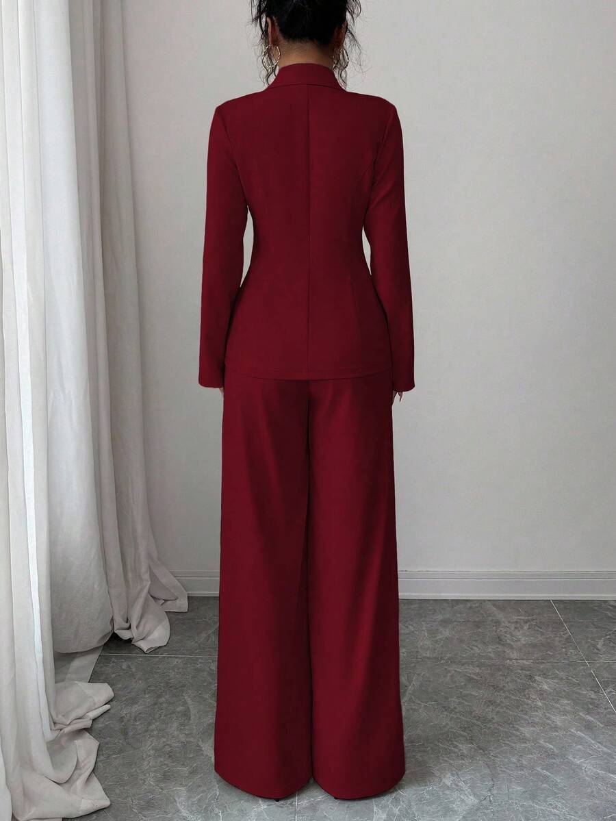 SHEIN Elenzga بدلة نسائية من قطعتين بأزرار سوداء وبنطال واسع