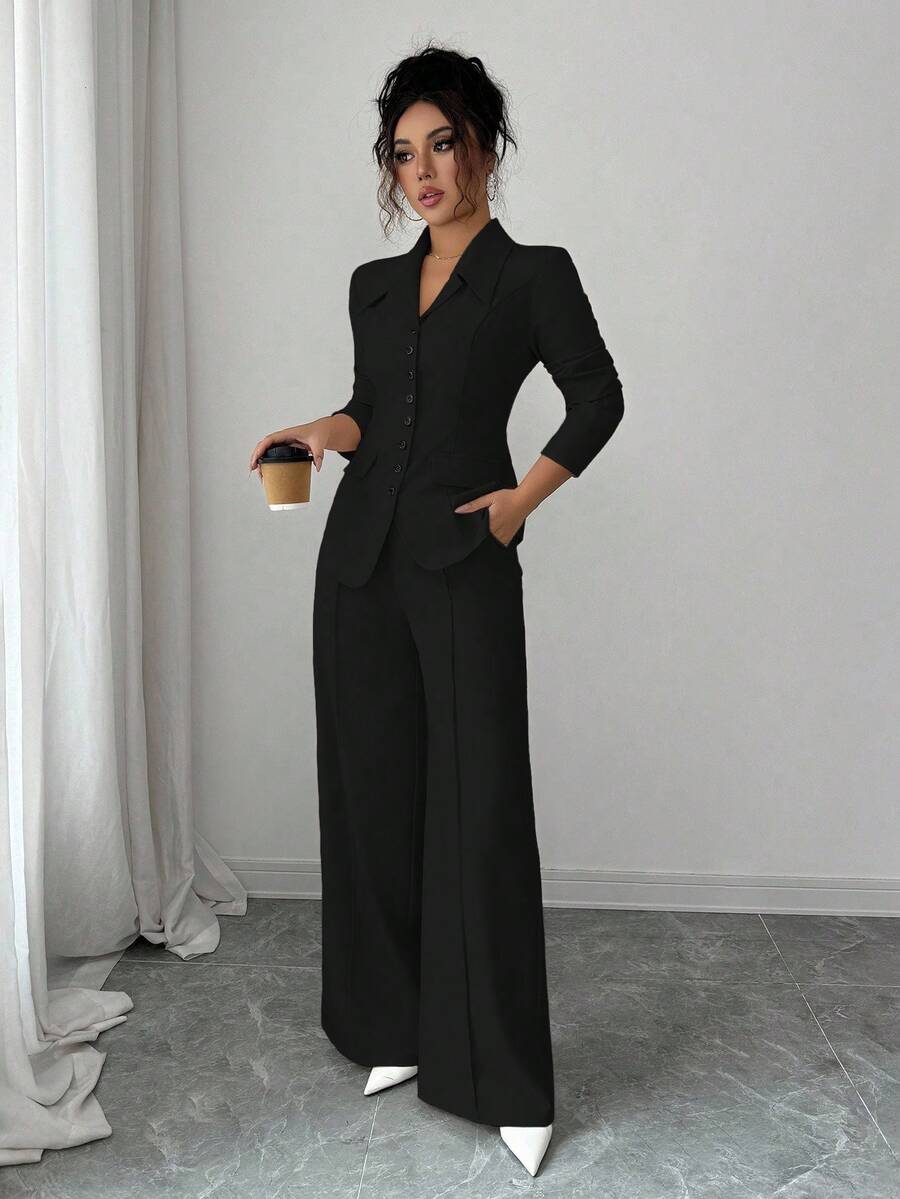 SHEIN Elenzga بدلة نسائية سوداء قطعتين بأزرار وبنطال مستقيم