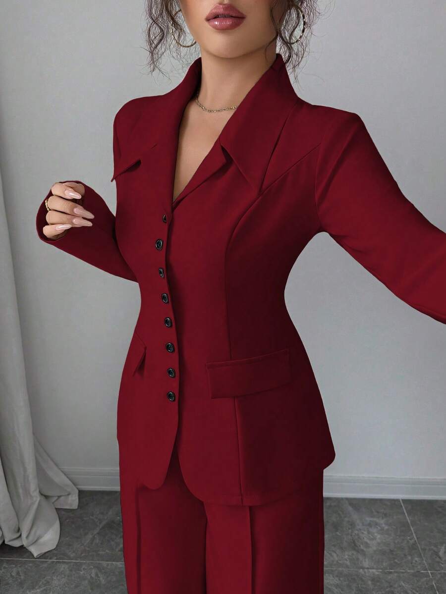 SHEIN Elenzga بدلة نسائية من قطعتين بأزرار سوداء وبنطال واسع