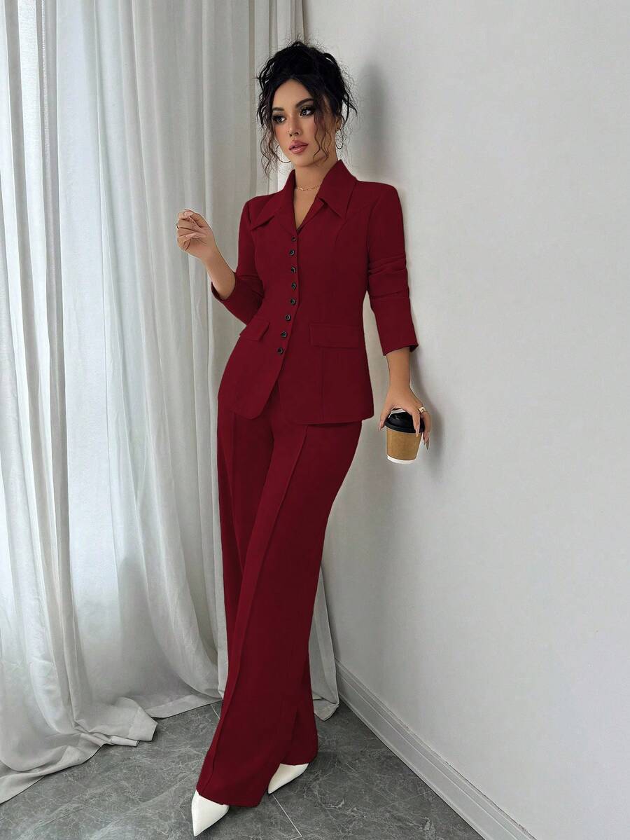 SHEIN Elenzga بدلة نسائية من قطعتين بأزرار سوداء وبنطال واسع