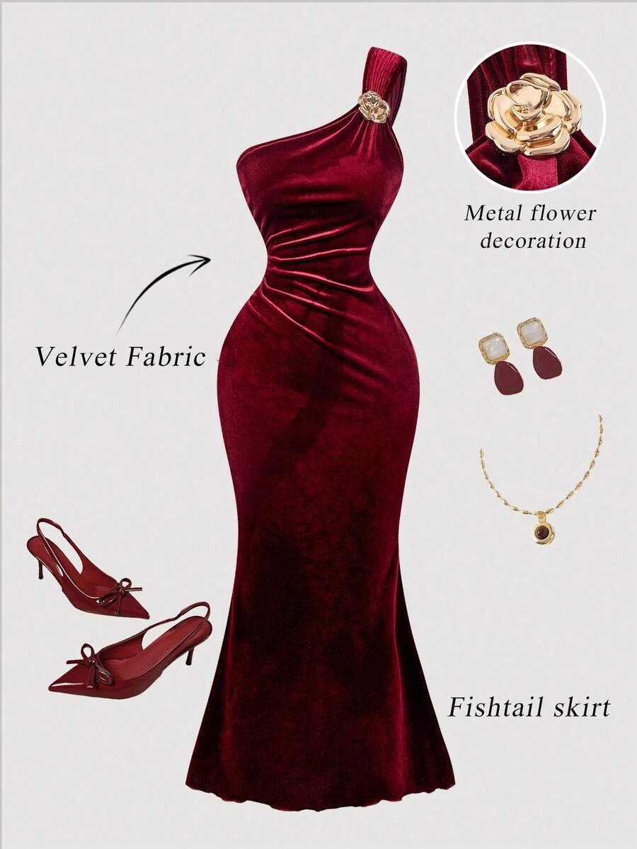 SHEIN MOD فستان عنابي طويل بكتف واحد مخمل بذيل سمكة