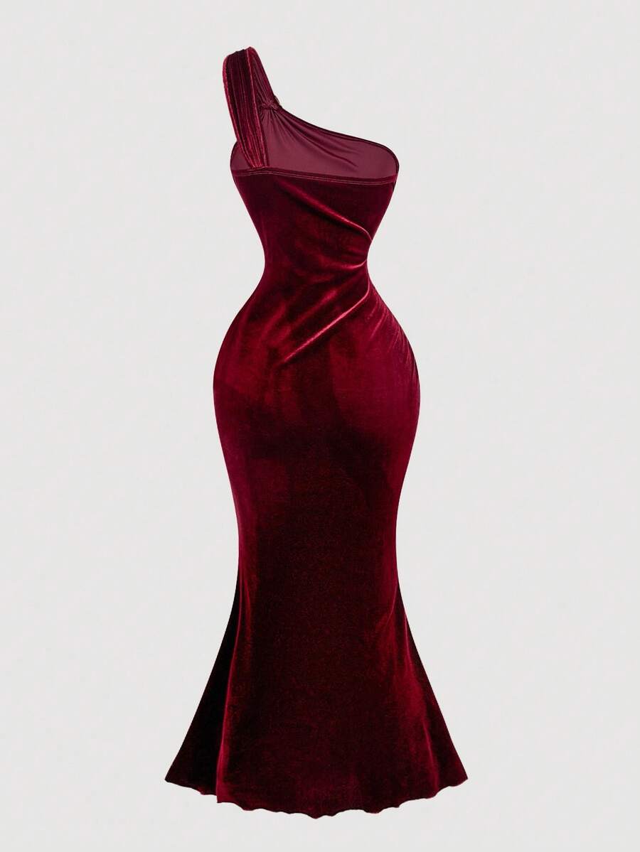 SHEIN MOD فستان عنابي طويل بكتف واحد مخمل بذيل سمكة