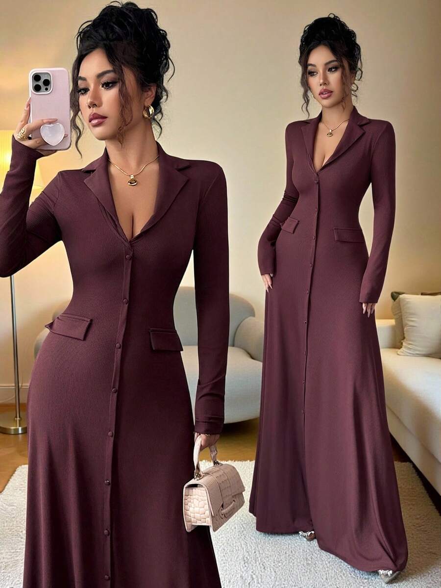 SHEIN Elenzya فستان محبوك أنيق بلون بني داكن