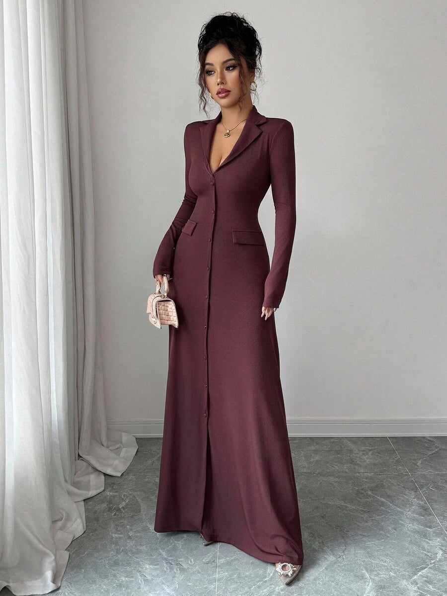 SHEIN Elenzya فستان محبوك أنيق بلون بني داكن