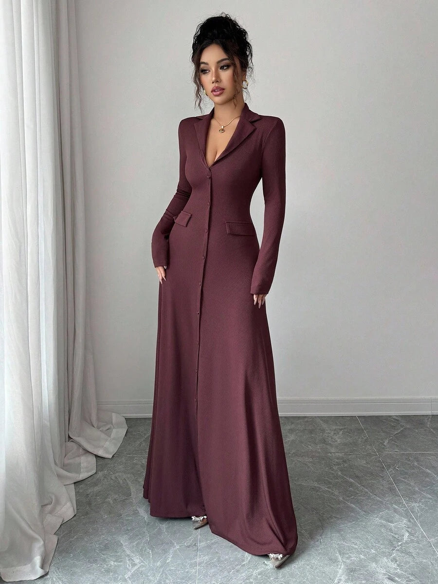 SHEIN Elenzya فستان محبوك أنيق بلون بني داكن