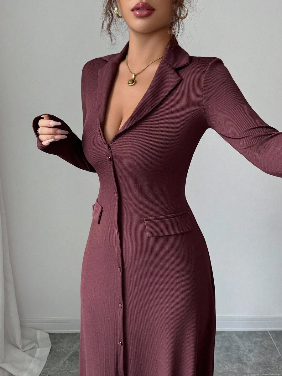 SHEIN Elenzya فستان محبوك أنيق بلون بني داكن