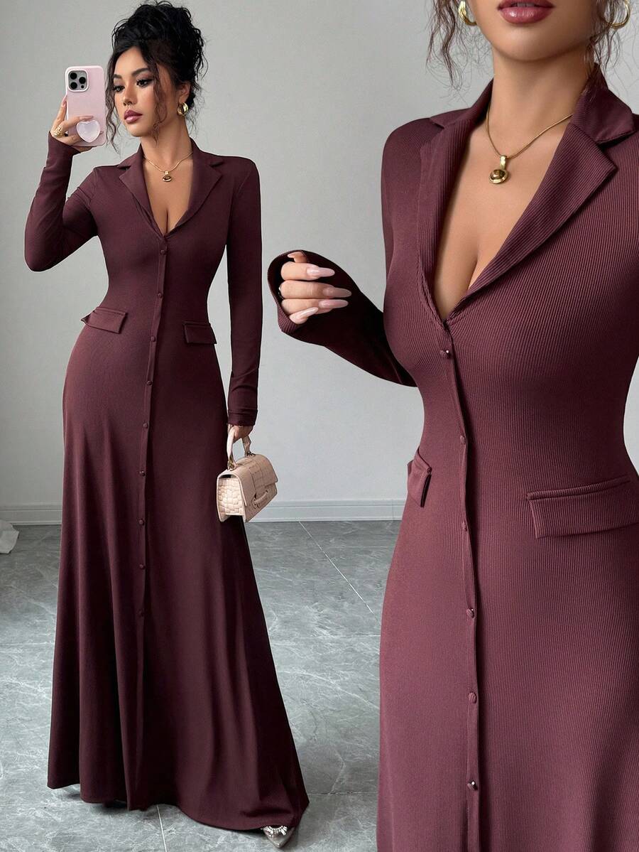 SHEIN Elenzya فستان محبوك أنيق بلون بني داكن