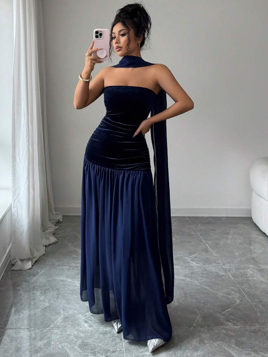 SHEIN فستان ليلي هاوس ازرق طويل شريطي وشبكي