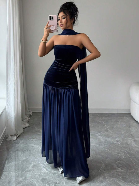 SHEIN فستان ليلي هاوس ازرق طويل شريطي وشبكي