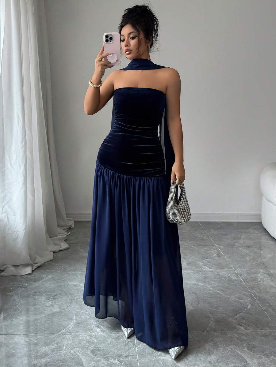 SHEIN فستان ليلي هاوس ازرق طويل شريطي وشبكي