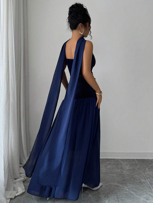 SHEIN فستان ليلي هاوس ازرق طويل شريطي وشبكي