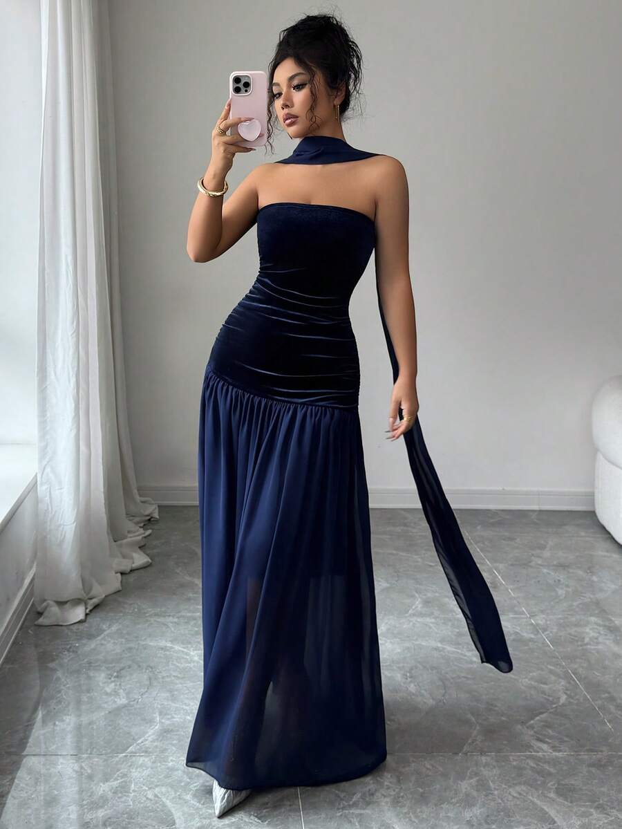 SHEIN فستان ليلي هاوس ازرق طويل شريطي وشبكي