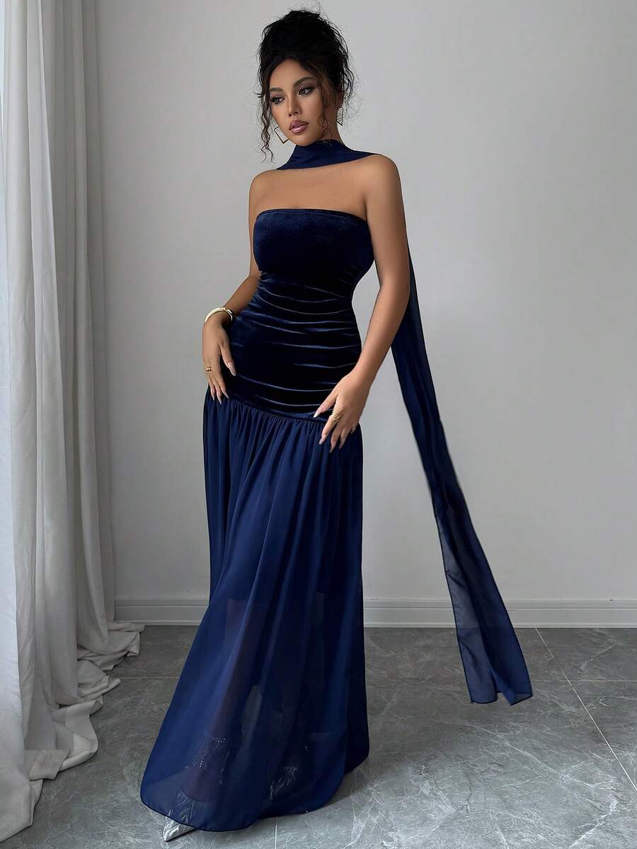SHEIN فستان ليلي هاوس ازرق طويل شريطي وشبكي