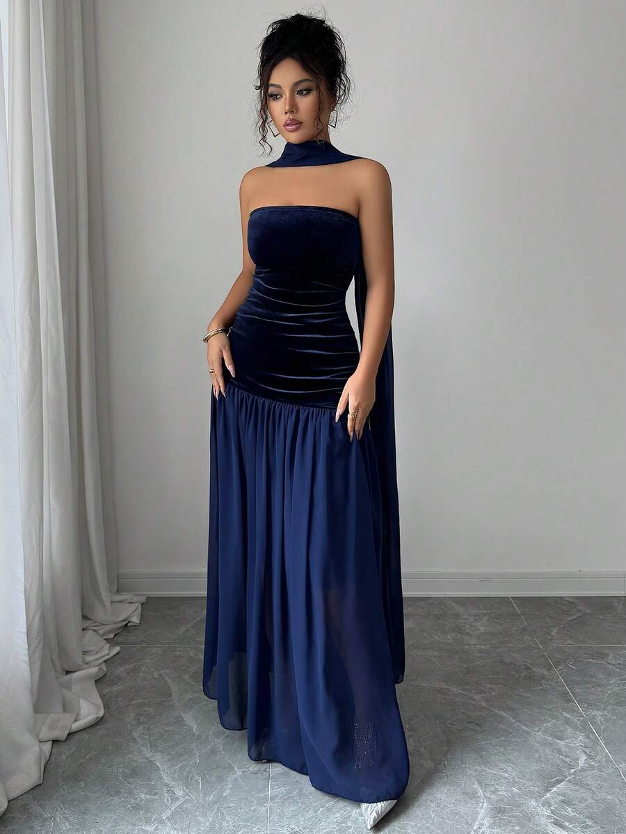 SHEIN فستان ليلي هاوس ازرق طويل شريطي وشبكي