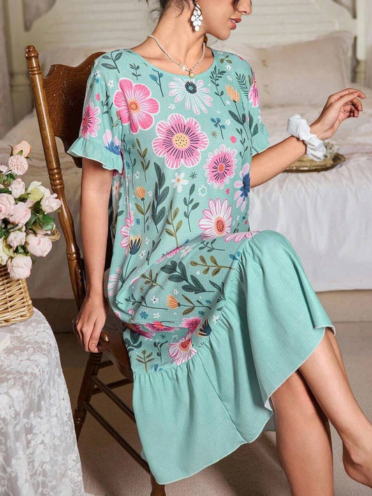 SHEIN CottageSlumber فستان نوم بطبعة زهور وياقة دائرية بأكمام قصيرة