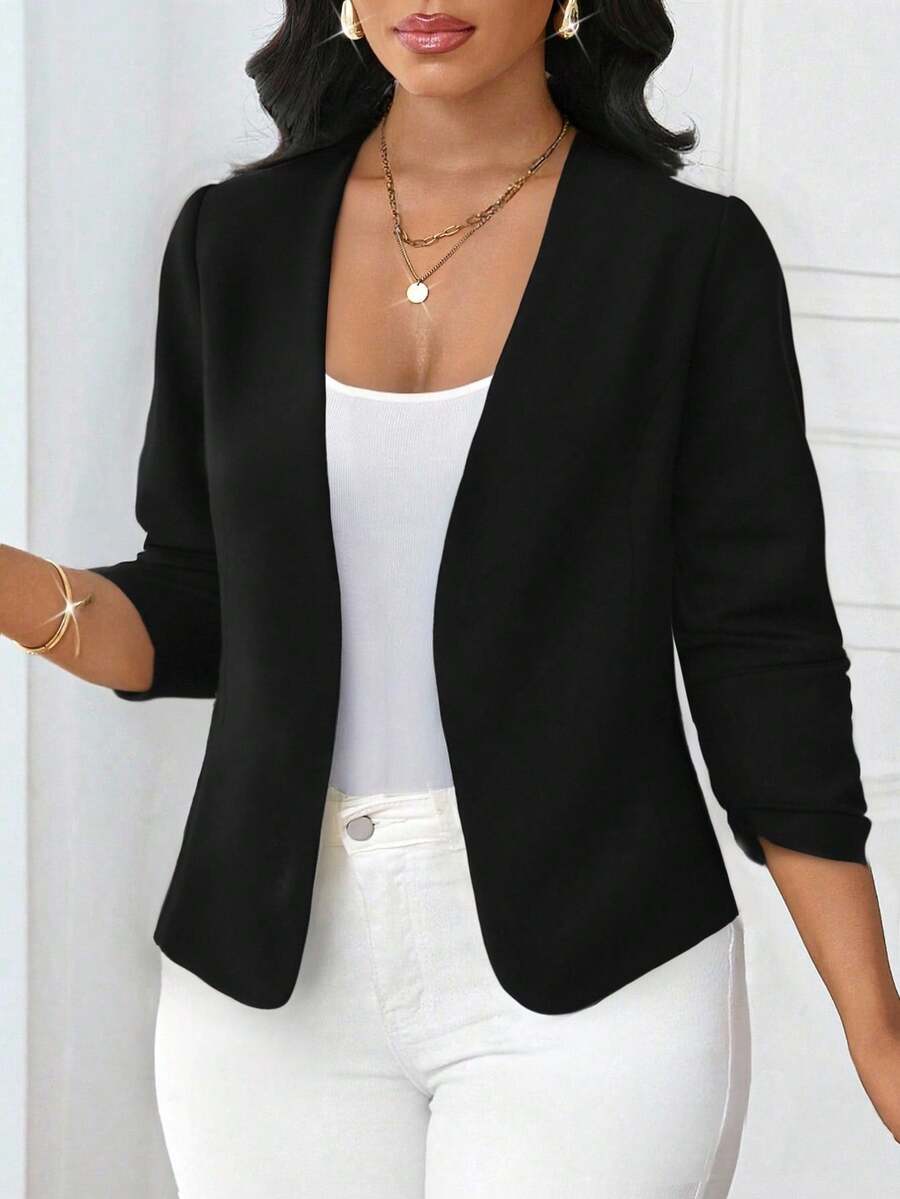 SHEIN Lady جاكيت نسائي أسود مفتوح من الأمام بأكمام طويلة