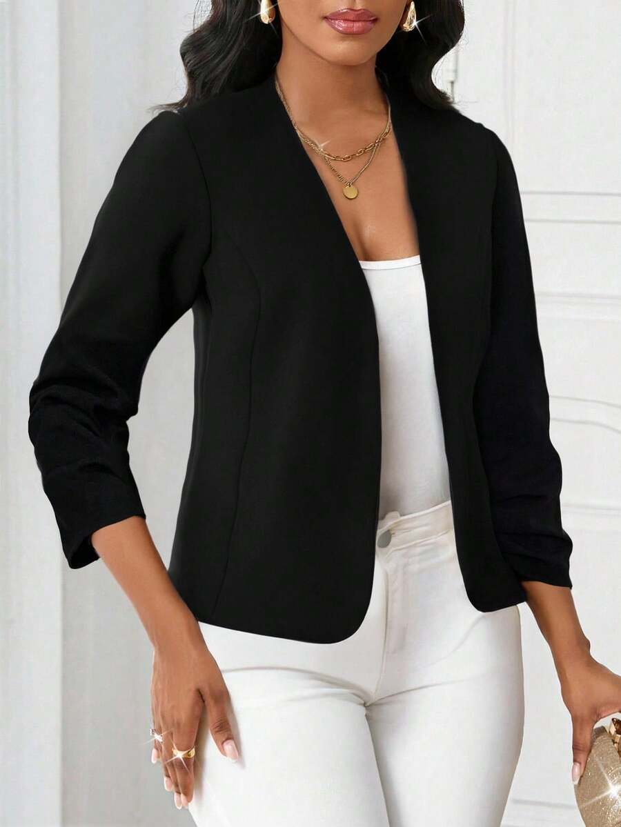 SHEIN Lady جاكيت نسائي أسود مفتوح من الأمام بأكمام طويلة