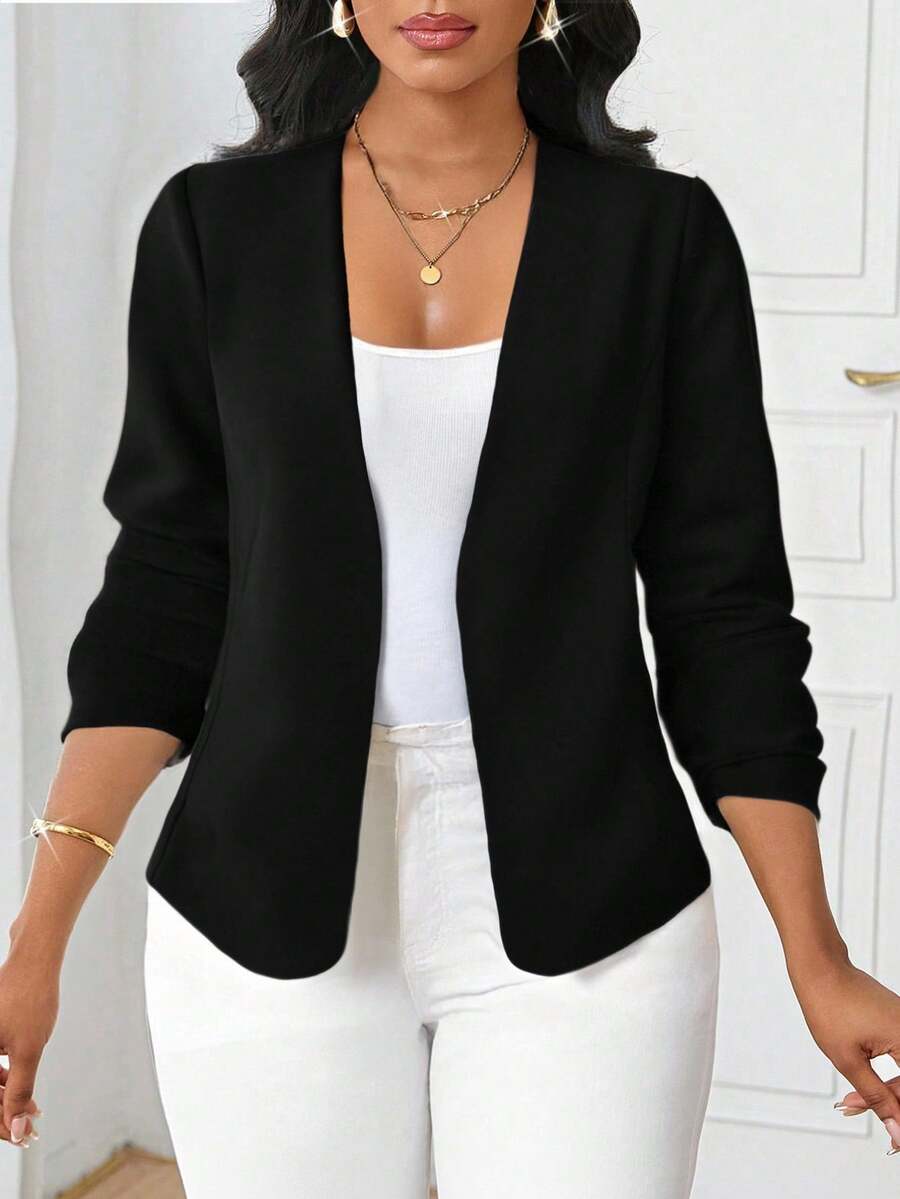 SHEIN Lady جاكيت نسائي أسود مفتوح من الأمام بأكمام طويلة