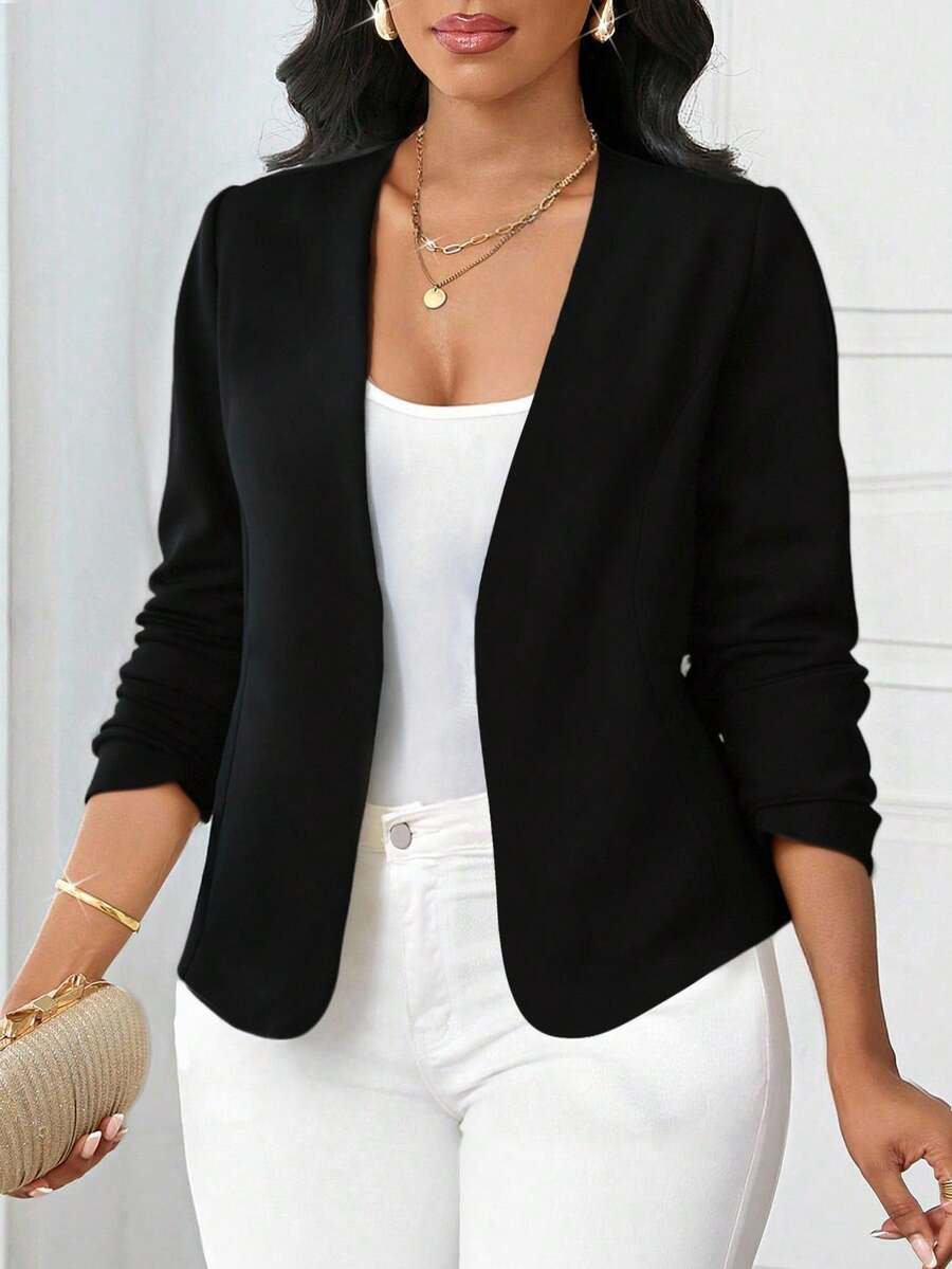 SHEIN Lady جاكيت نسائي أسود مفتوح من الأمام بأكمام طويلة
