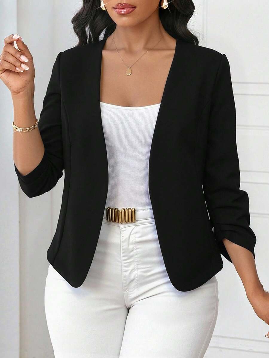 SHEIN Lady جاكيت نسائي أسود مفتوح من الأمام بأكمام طويلة