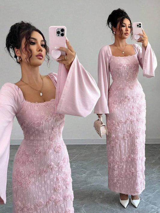 SHEIN Elenzga فستان وردي مزين بالزهور بأكمام واسعة