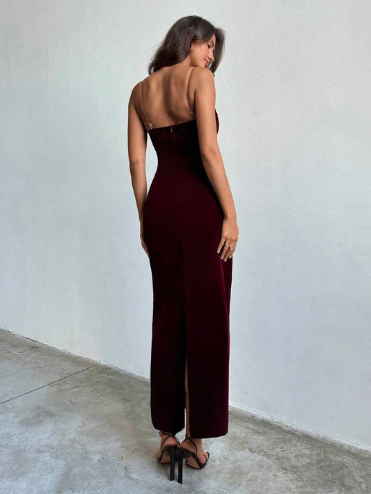 SHEIN Aloruh فستان ماكسي عنابي بدون أكتاف مخمل