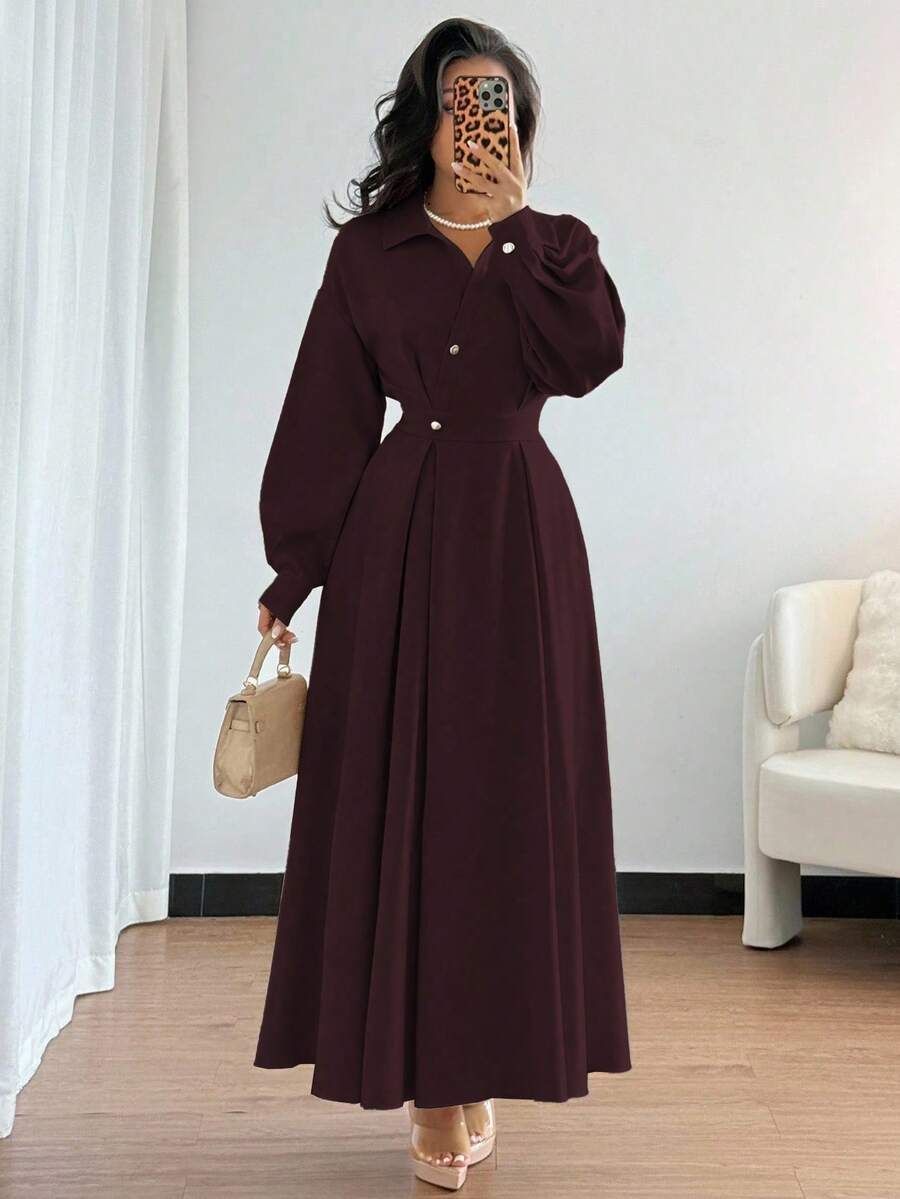 SHEIN Rafferiza فستان عنابي بياقة منقلبة وأكمام طويلة