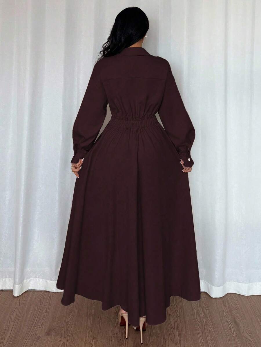 SHEIN Rafferiza فستان عنابي بياقة منقلبة وأكمام طويلة