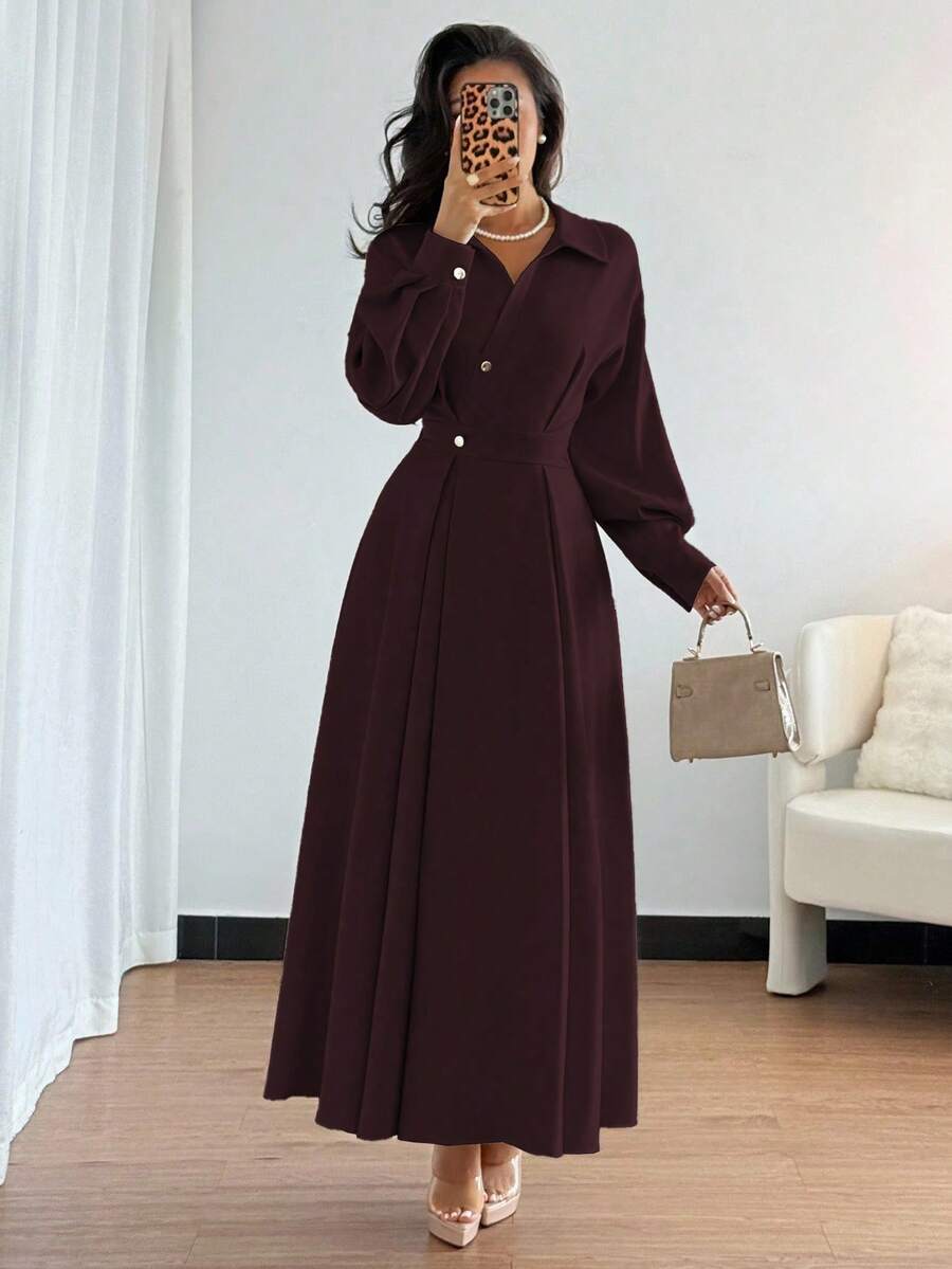 SHEIN Rafferiza فستان عنابي بياقة منقلبة وأكمام طويلة