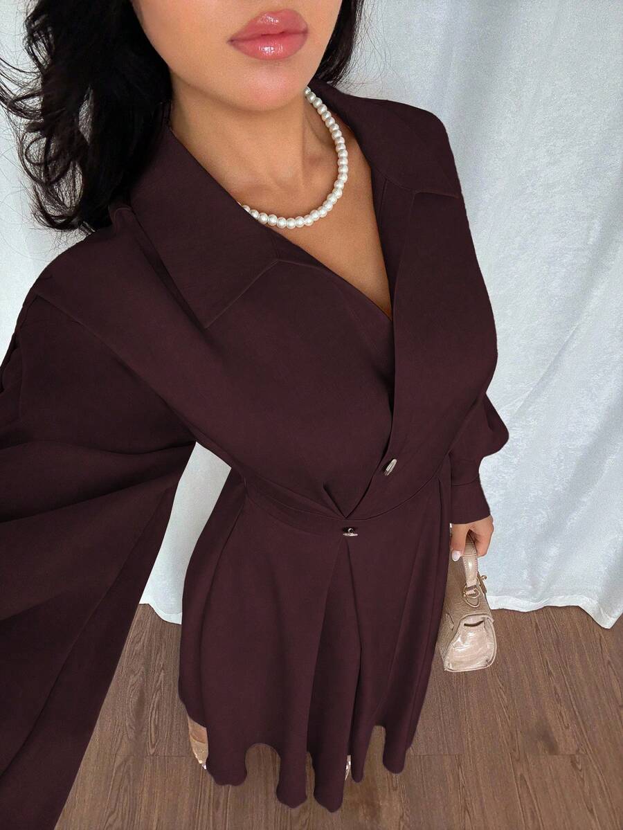 SHEIN Rafferiza فستان عنابي بياقة منقلبة وأكمام طويلة