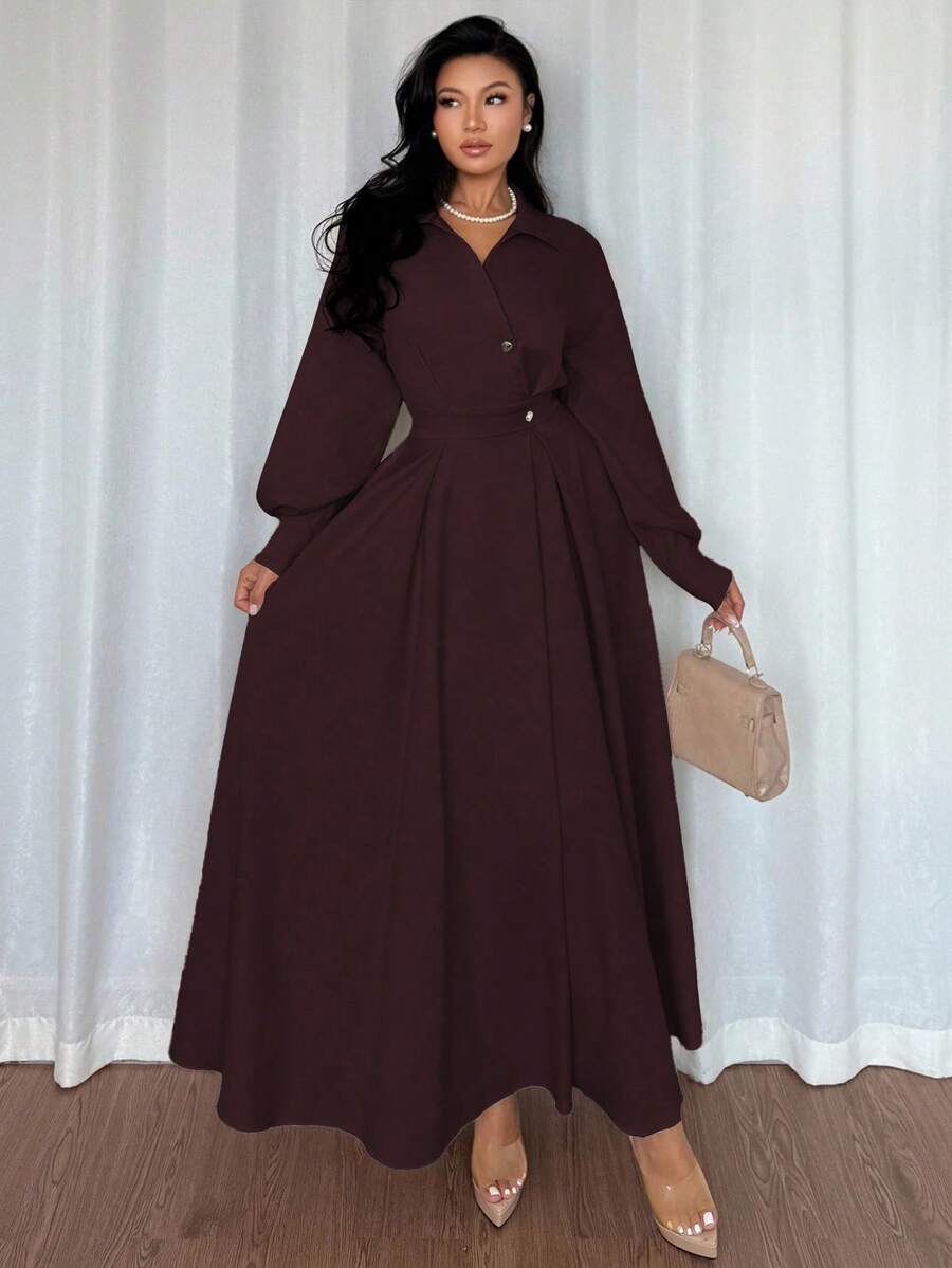 SHEIN Rafferiza فستان عنابي بياقة منقلبة وأكمام طويلة